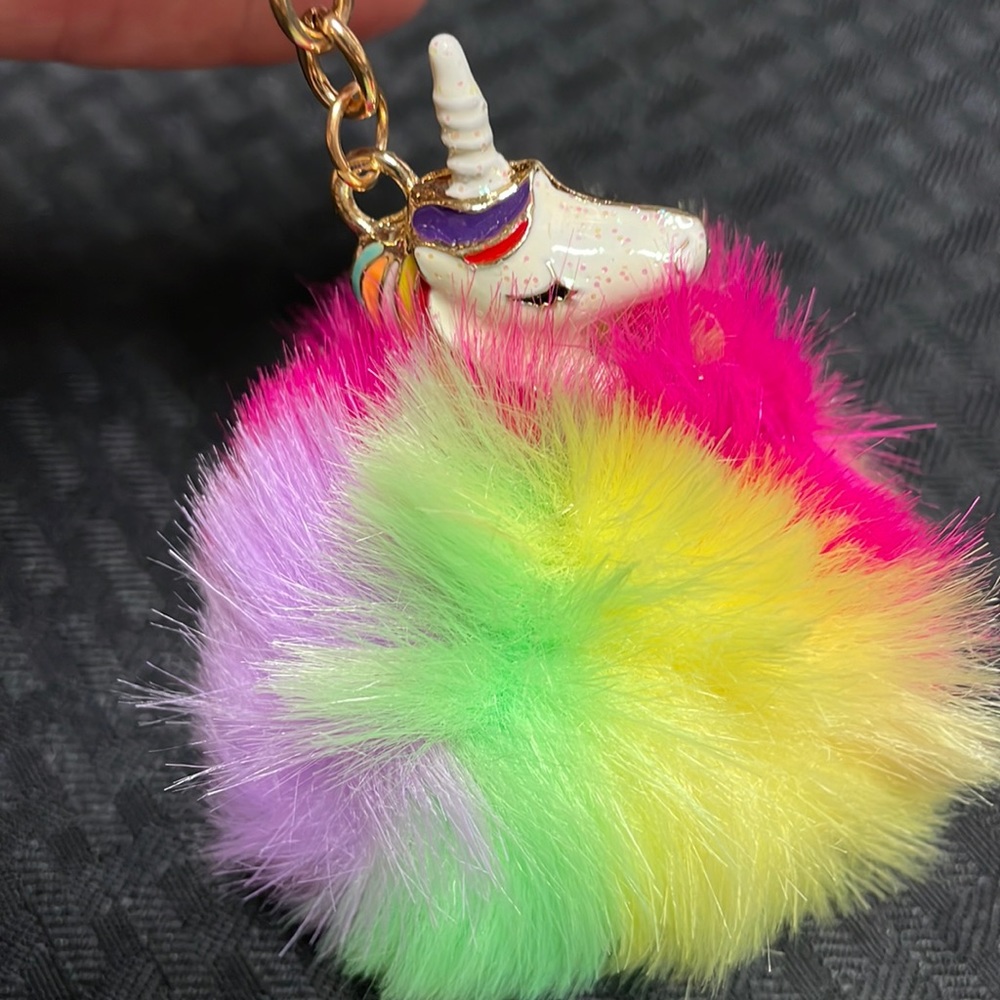 Unicorn Rainbow Puff Ball Fluffy Fur Keychain